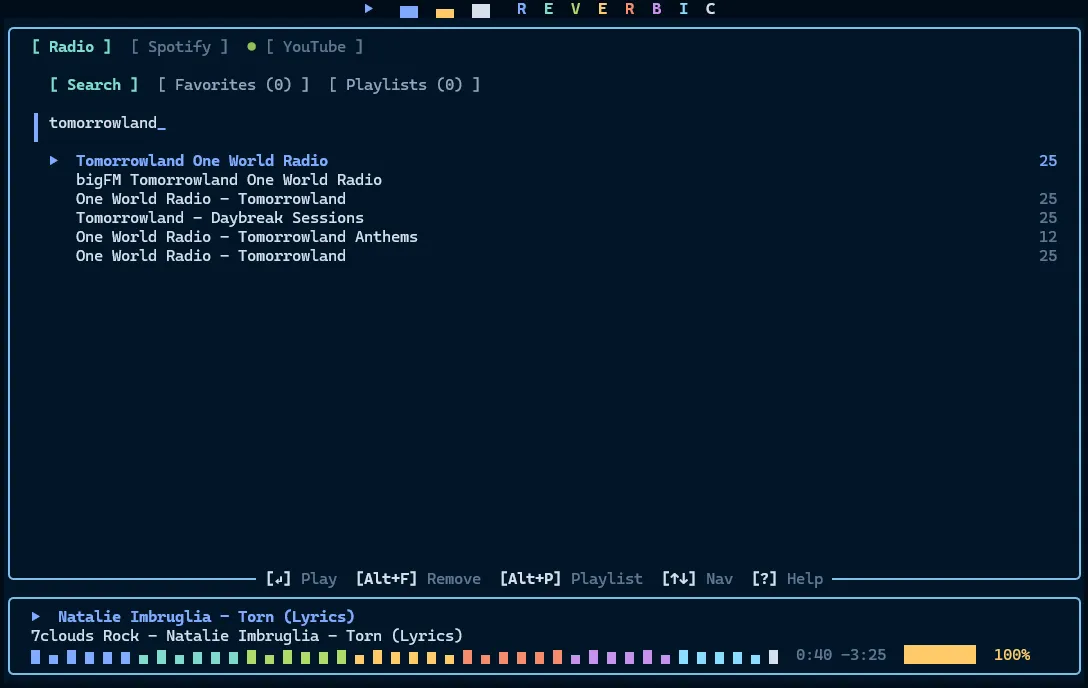 Radio search in Reverbic showing Tomorrowland One World Radio stations.