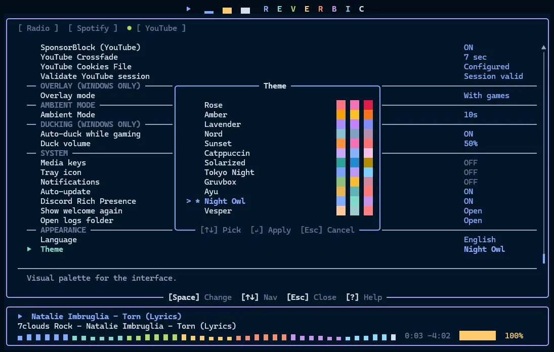 Reverbic theme picker with Rose, Nord, Gruvbox and Night Owl palettes.