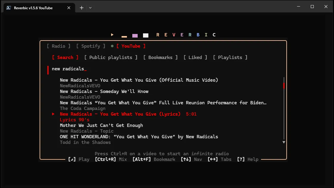 YouTube search in Reverbic with song results and keyboard shortcuts.